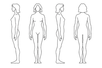 human silhouette woman outline template. vector line figure of a person in front, back, side. 