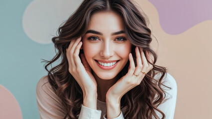 Obraz premium Happy Young Woman with Flowing Wavy Hair and a Radiant Smile in Natural Light