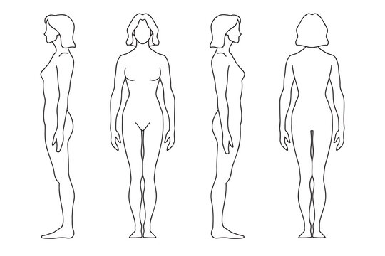 human silhouette woman outline template. vector line figure of a person in front, back, side. 