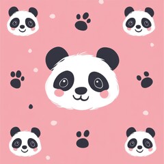 Cute panda faces and paw prints seamless pattern for kids playful design pink background fun and whimsical