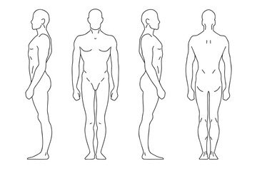 human silhouette man outline template. vector line figure of a person in front, back, side. 