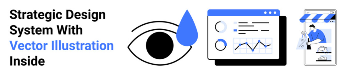 Eye with abstract shape, analytics dashboard, and mobile store interface. Ideal for vision, strategy, analytics, e-commerce, marketing UXUI digital solutions. Perfect for flat landing page banner