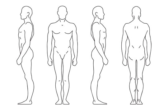 human silhouette man outline template. vector line figure of a person in front, back, side. 