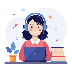 woman in headphones, studying at laptop. Happy female student watching business webinar. Video conference call, remote work communication. Flat vector illustration isolated on white background
