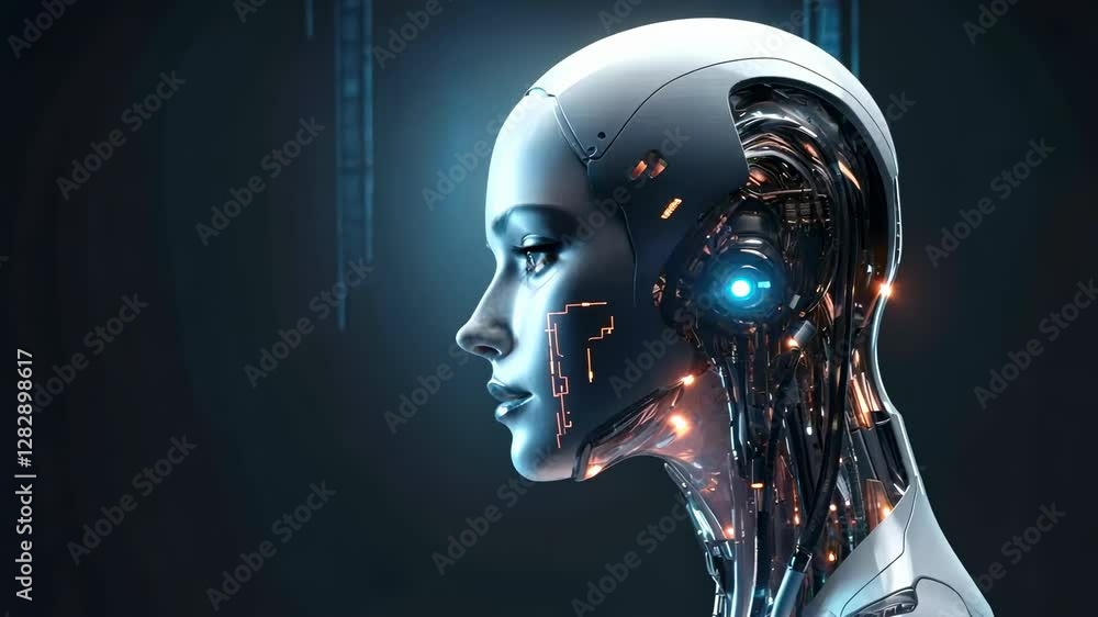 Poster futuristic video concept of a humanoid robot in profile view. high-tech, sleek design with glowing e