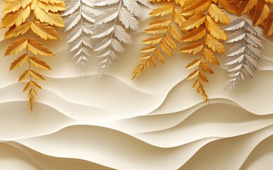 Golden and Silver Fern Branches on a Wavy Beige Background