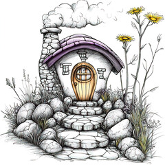 Obraz premium Charming fantasy fairytale cottage illustrated in a sketch art style. Colorful Fairy House with Curved Rooftop and Smoky Chimney