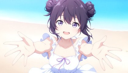 ビーチで両手を広げる