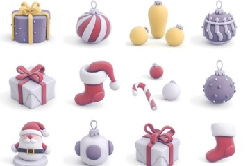 Collection of cartoon-style Christmas items featuring ornaments, gifts, and Santa arranged in a vibrant grid on a white background, perfect for festive decorations