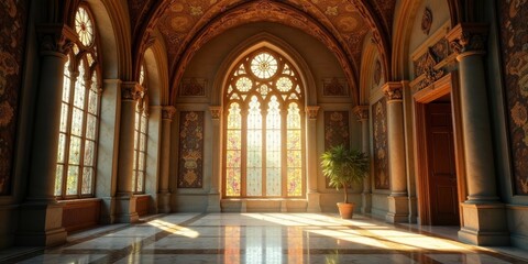 Obraz premium Sunlit Grandeur A Serene Hallway with Ornate Architectural Details and Stained Glass Window