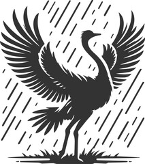 Ostrich spreading its wings in the rain animal vector silhouette