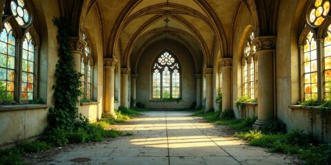Fototapeta premium Sunlit Hallway in a Decaying Stone Structure with Gothic Windows and Overgrown Foliage