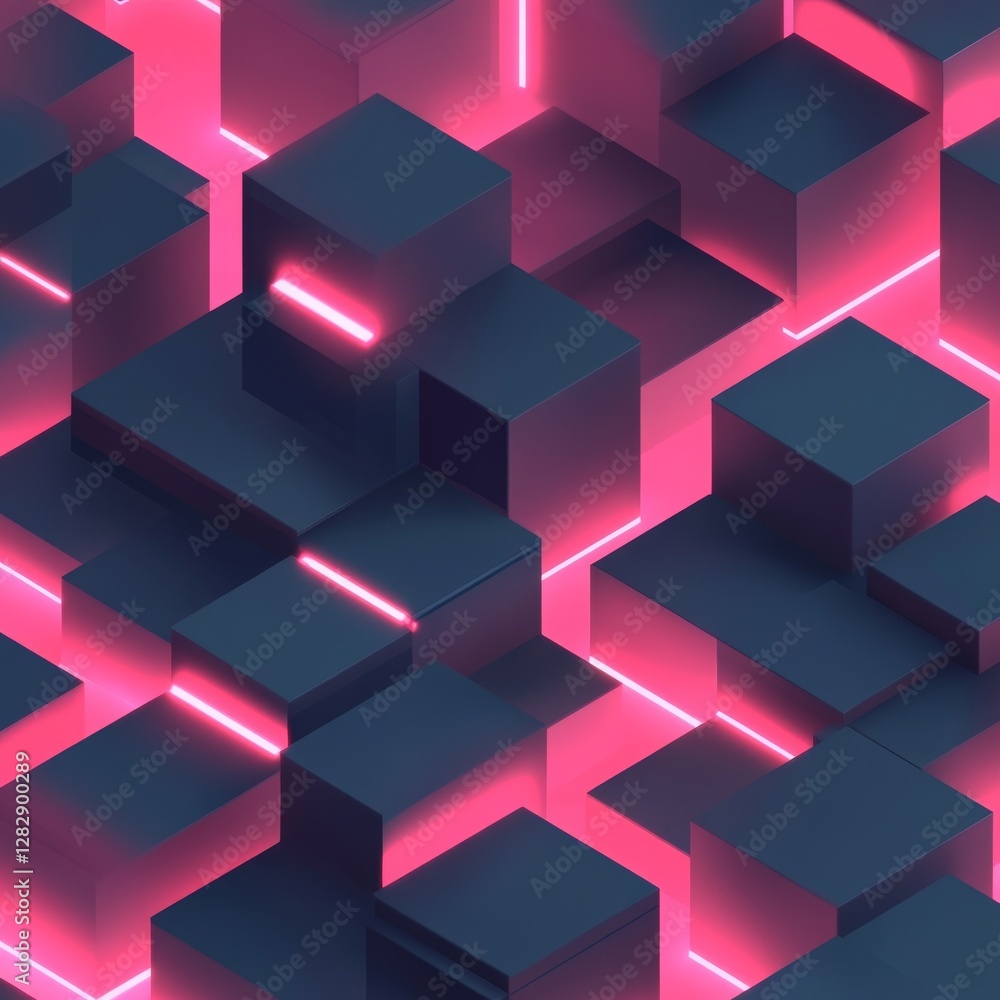 Aufkleber abstract cubic cityscape with pink neon glow - isometric 3d block pattern design