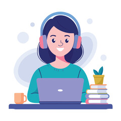 woman in headphones, studying at laptop. Happy female student watching business webinar. Video conference call, remote work communication. Flat vector illustration isolated on white background