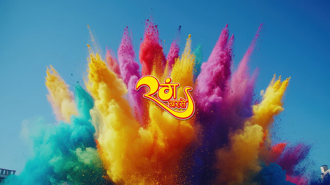 Multicolor Powder Explosion Background with Rang Barse (Raining of Colors) Hindi Text, Used for Banner.