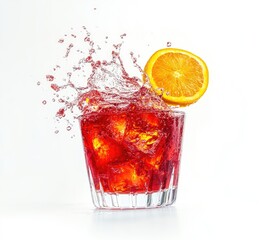 Red cocktail splash, orange, ice, rocks glass, white background, menu