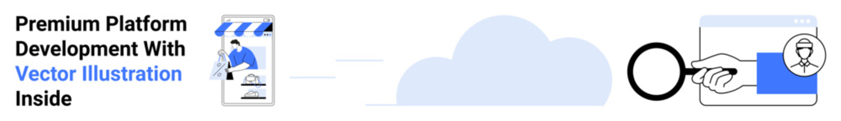 Mobile storefront with developer coding, magnifying glass over a sand timer, cloud linking ideas. Ideal for e-commerce, app development, technology, search optimization, time management, innovation