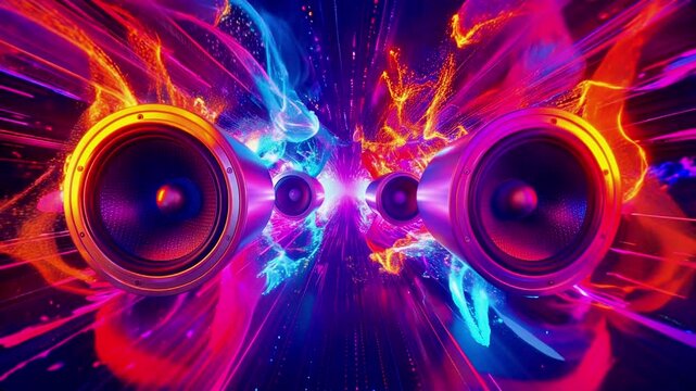 Abstract music background with speakers, vibrant colors, and retro design elements for a party or club vibe