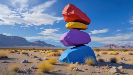 Vibrant Painted Rock Stack in Desert Landscape with Blue Sky