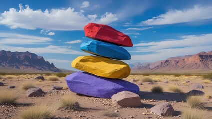 Vibrant Painted Rock Stack in Desert Landscape with Blue Sky