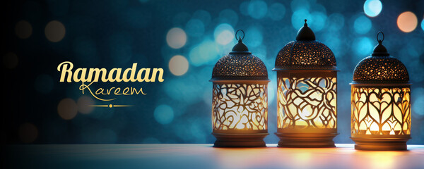 Fototapeta na wymiar Ramadan Kareem Banner with Illuminated Arabic Lamps in Blue Bokeh Background Photo.
