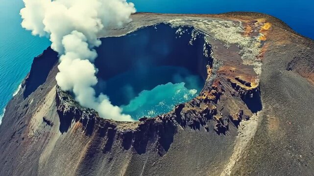 Volcanic crater with steaming fumaroles and turquoise water during daylight