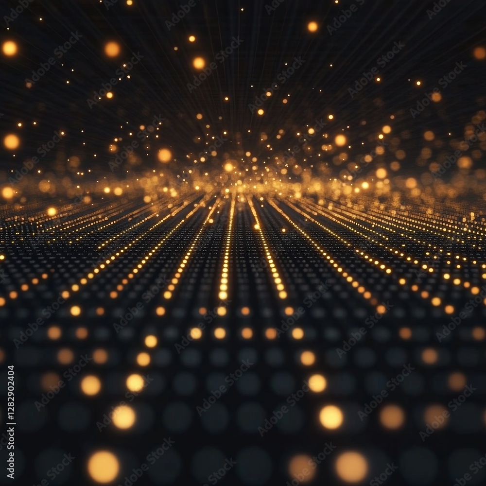 Poster golden particle grid: abstract glowing lights on a dark surface for technology and science concepts