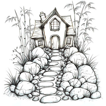 Charming fantasy fairytale cottage illustrated in a sketch art style. Charming Fairytale Home Nestled in Nature Among Moss and Stones