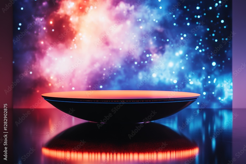 Wall mural a futuristic product display sits within a colorful space background