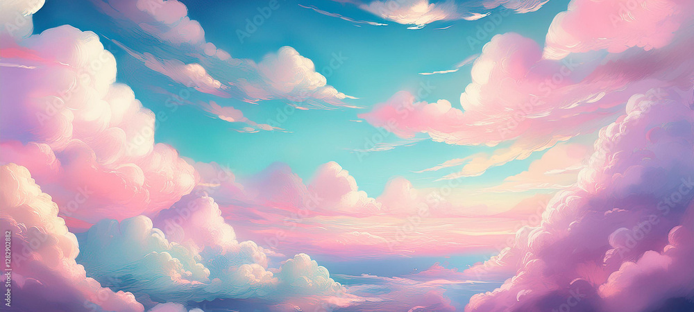Wall mural generated image - fantasy cloudscape. panoramic aerial view above clouds at sunset. illustration