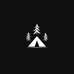 Obraz premium Minimalist Camping Logo: White Tent Surrounded by Pine Trees on a Dark Background for Adventure