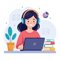 woman in headphones, studying at laptop. Happy female student watching business webinar. Video conference call, remote work communication. Flat vector illustration isolated on white background