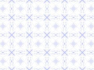 Intricate pattern with a blue and white color scheme, featuring symmetrical arabesque designs. The pattern includes circular and star-like geometric shapes, interwoven with delicate