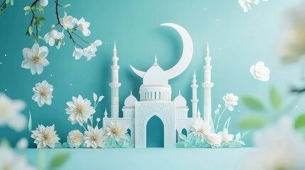 Ramadan Mubarak poster with a 3D paper-cut design featuring Islamic mosque, flower, and a crescent moon. Luxurious and elegant and festive atmosphere.