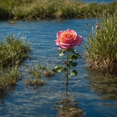 A bright summer rose in sunlit grass, with clear blue water sparkling behind it.