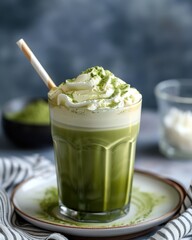 Ice matcha drink is steeped in a glass in a hot atmosphere with cream on top Generate AI