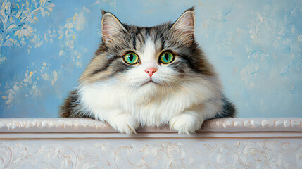 Elegant Fluffy Cat Portrait in Classic Painting Style