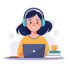 woman in headphones, studying at laptop. Happy female student watching business webinar. Video conference call, remote work communication. Flat vector illustration isolated on white background