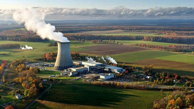 Aerial view of a nuclear power plant in a vast landscape, showcasing cooling towers and steam. Ideal for an informative video on energy production.
