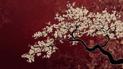 Elegant White Blossom Tree Branch Against Rich Red Background