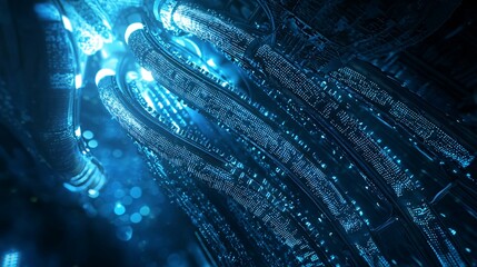 Bioluminescent underwater data centers feature illuminated cables intertwined with radiant marine life, emphasizing sustainability and cutting-edge submerged technology.