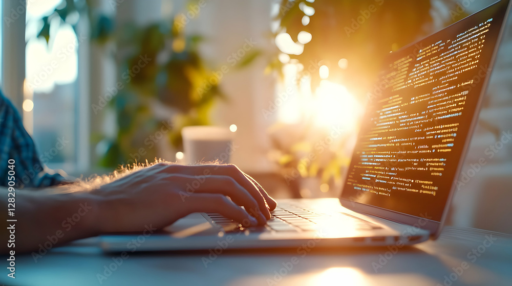 Poster programmer coding on laptop at sunset, home office background, software development