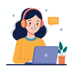woman in headphones, studying at laptop. Happy female student watching business webinar. Video conference call, remote work communication. Flat vector illustration isolated on white background