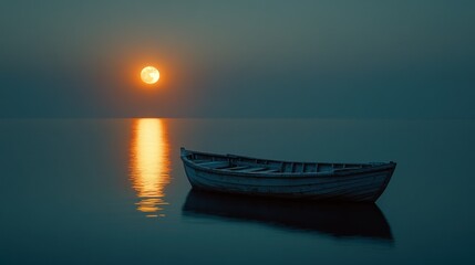 Naklejka premium Tranquil lake boat at sunrise/sunset, full moon reflection