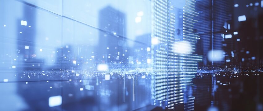 Cityscape Data Stream on Glass Wall - Powered by Adobe
