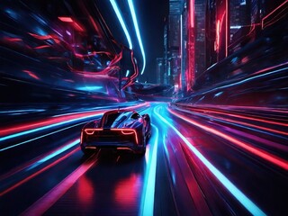 Fototapeta premium Futuristic Cyberpunk Car Racing Through Neon City Lights