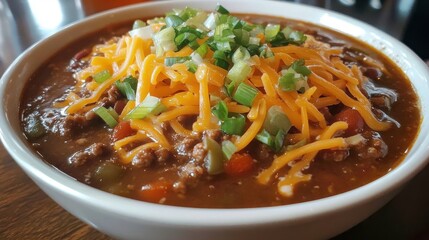 Hearty Beef Chili Topped With Cheese And Green Onions