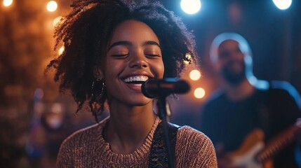 enthusiastic young performer singing and playing music on stage with a live band creating an electric atmosphere at a concert event filled with energy