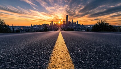 Plakat Sunrise city road asphalt highway skyline travel