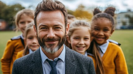 Obraz premium friendly elementary school teacher standing with students on outdoor playing field during a school activity as children in uniform smile and enjoy learning together